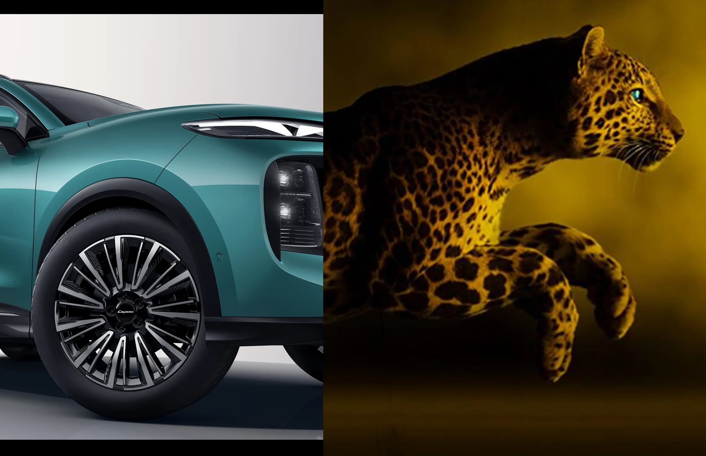 Lepas SUV alongside a leopard, reflecting the brand's nature-inspired design