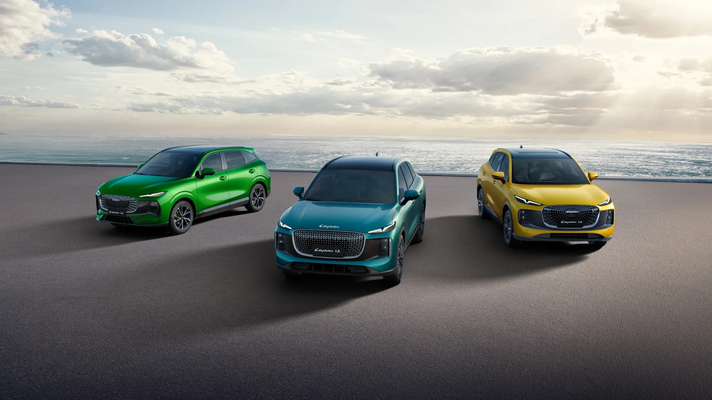 Lepas L4, L6 and L8 smart SUVs parked on a coastal road in the UAE