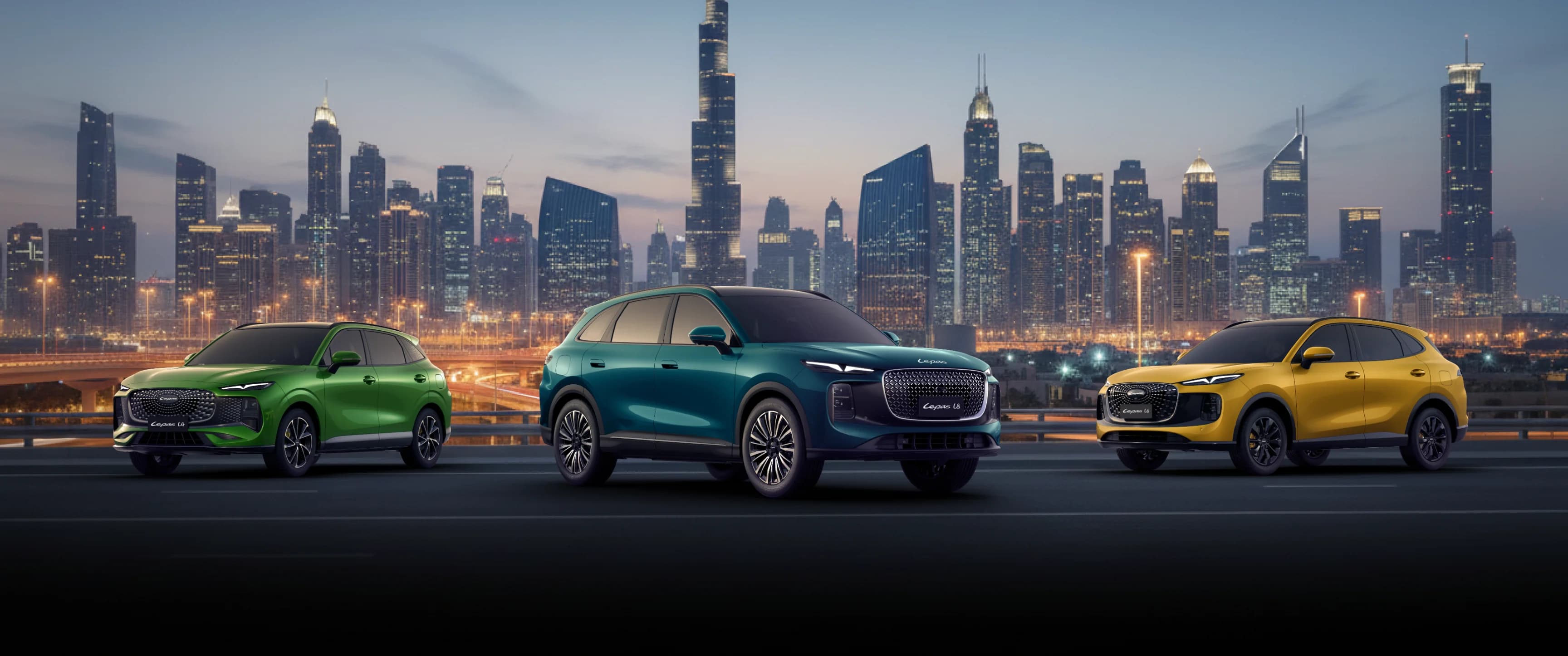 Lepas L4, L6 and L8 smart SUVs on a UAE city road
